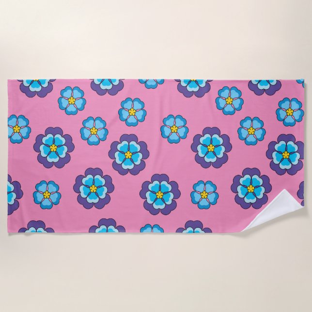 Blue Violet Pink Floral Pattern Beach Towel (Front)