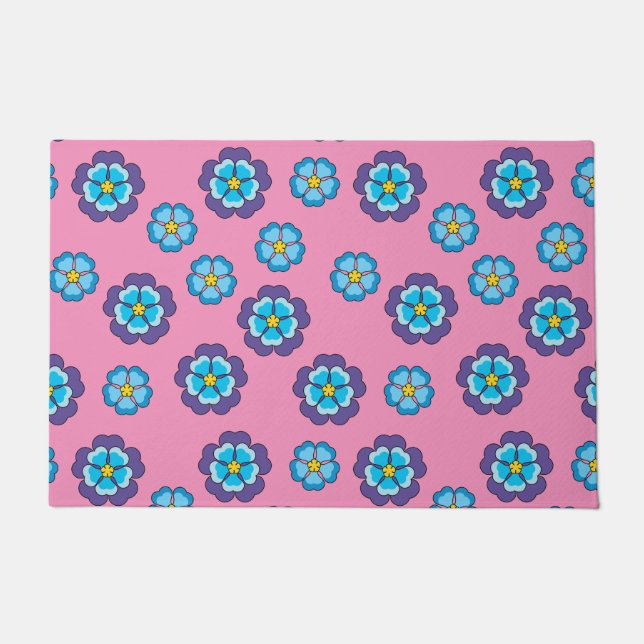Blue Violet Pink Floral Pattern Doormat (Front)
