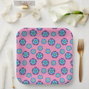 Blue Violet Pink Floral Pattern Paper Plate