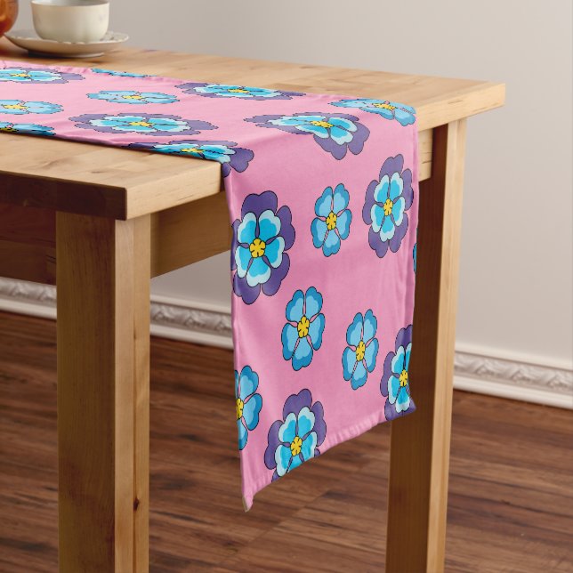 Blue Violet Pink Floral Pattern Short Table Runner (In Situ)