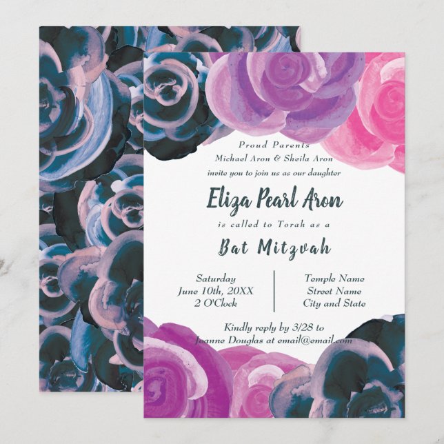 Blue, Violet, Pink Roses Bat Mitzvah Invitations (Front/Back)