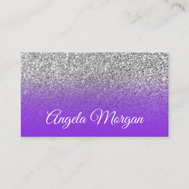 Blue Violet Purple Ombre Silver Glitter Photo Business Card (Front)