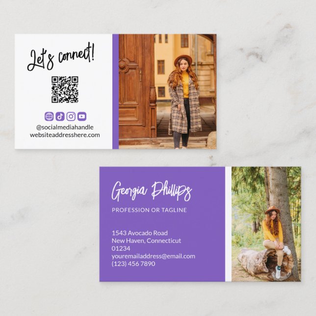 Blue Violet Social Media Icons QR Code Photo Business Card (Front/Back)