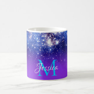 Blue Violet Sparkly Stars Celestial Ombre Monogram Coffee Mug