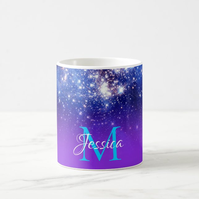 Blue Violet Sparkly Stars Celestial Ombre Monogram Coffee Mug (Center)