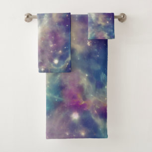 Blue Violet Teal Cosmic Nebula Milky Way Bath Towel Set