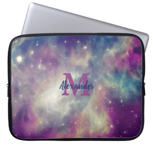 Blue Violet Teal Cosmic Nebula Milky Way Monogram Laptop Sleeve
