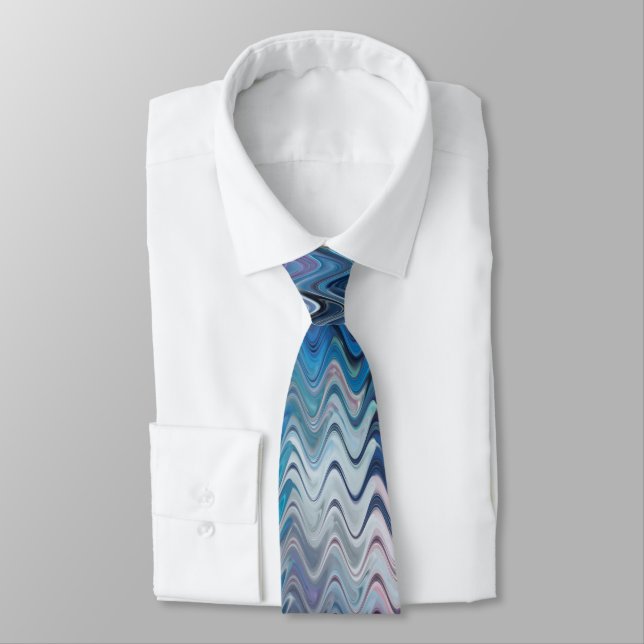 Blue Violet Teal White Marbling Abstraction Tie (Tied)
