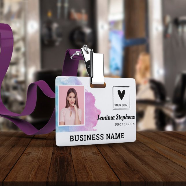 Blue Violet Watercolor Add Your Logo Employee ID Badge (Creator Uploaded)