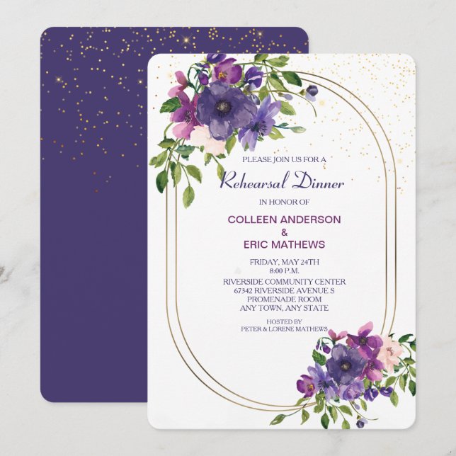 Blue Violet Wild Roses Wedding Rehearsal Dinner Invitation (Front/Back)