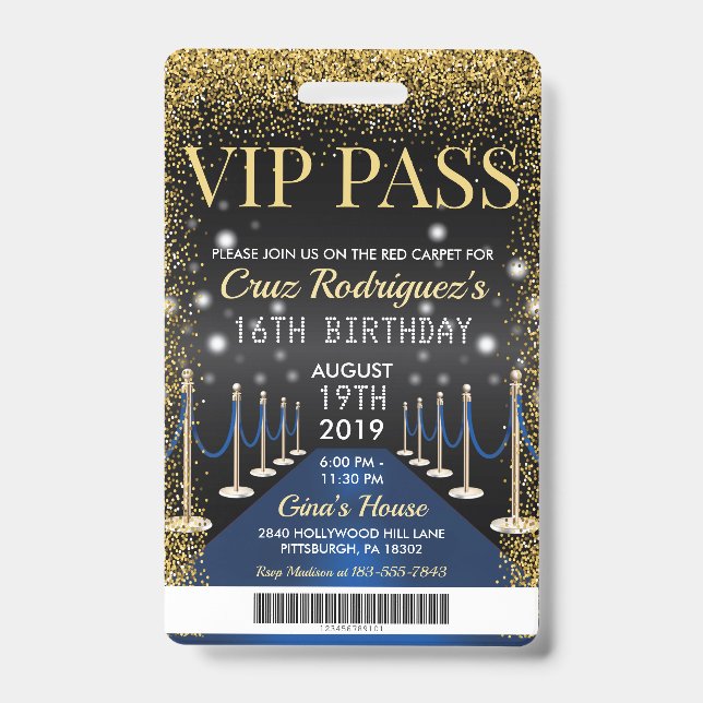 Blue VIP Pass Hollywood Red Carpet Birthday Badge ID Badge (Front)