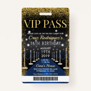 Blue VIP Pass Hollywood Red Carpet Birthday Badge ID Badge