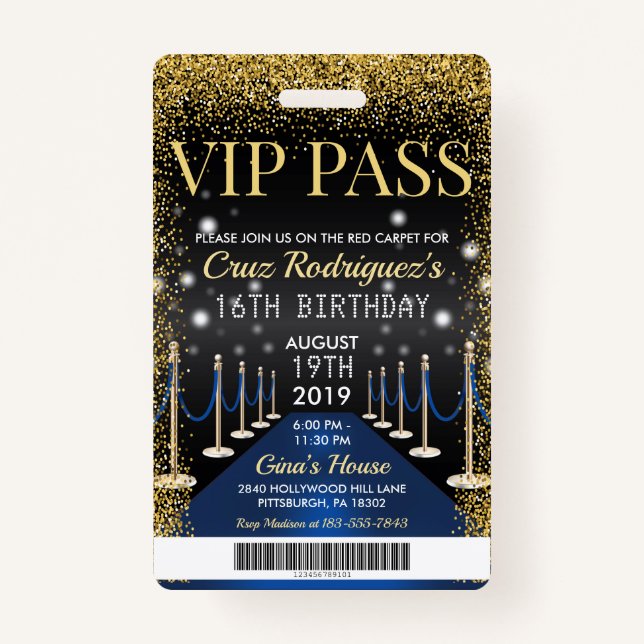Blue VIP Pass Hollywood Red Carpet Birthday Badge ID Badge (Front)