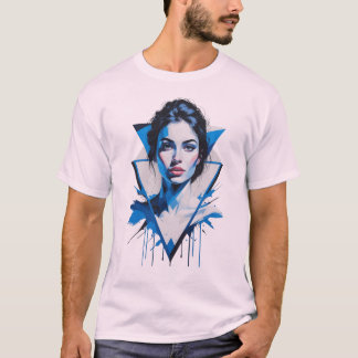 Blue Vision: Geometric Muse Street Art Portrait T-Shirt