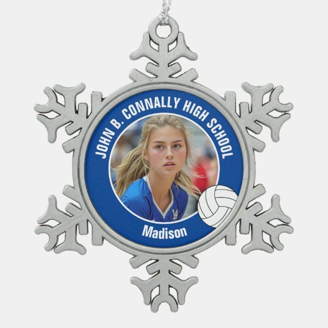 Blue Volleyball Player Photo High School Snowflake Pewter Christmas Ornament (Front)