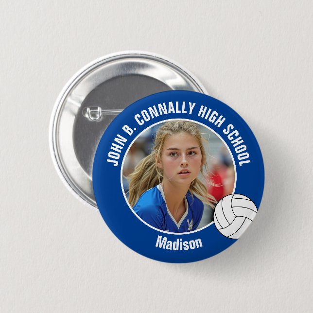 Blue Volleyball Player Photo High School Spirit 6 Cm Round Badge (Front & Back)