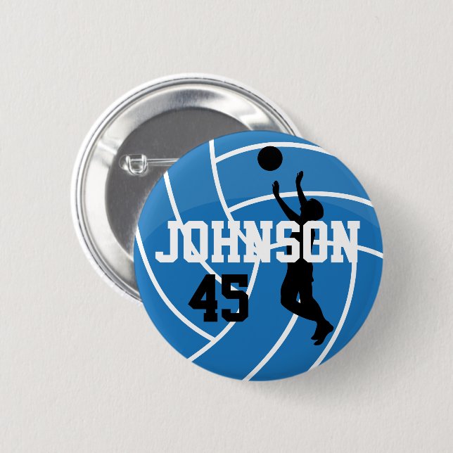Blue Volleyball with Silhouette Player 6 Cm Round Badge (Front & Back)