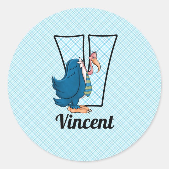 Blue Vulture with Letter V for Boys Classic Round Sticker (Front)