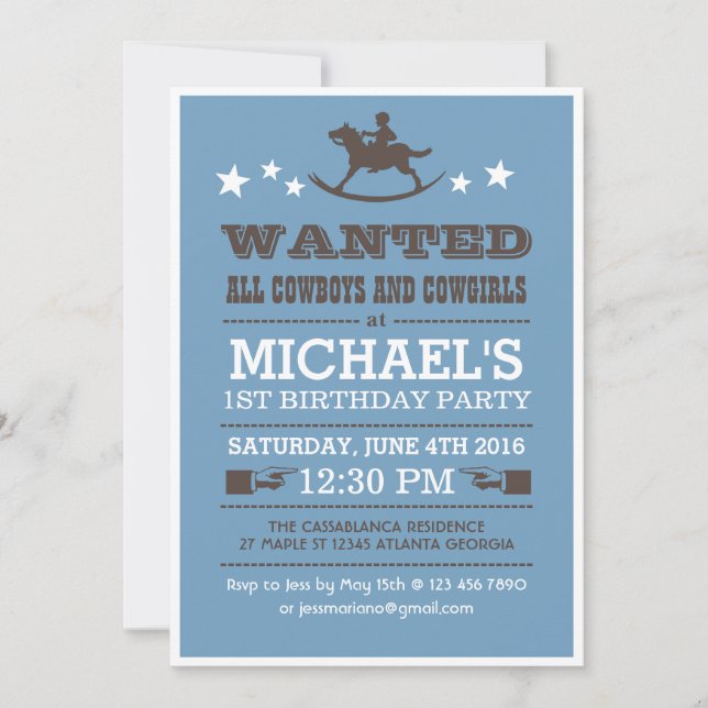 Blue Wanted Western Cowboy Birthday Invitation (Front)
