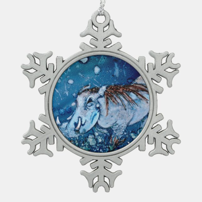 Blue Warthog Snowflake Pewter Christmas Ornament (Front)