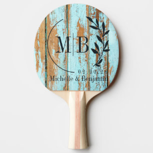 Blue Wash Wood Leaf Wedding Monogram Ping Pong Paddle