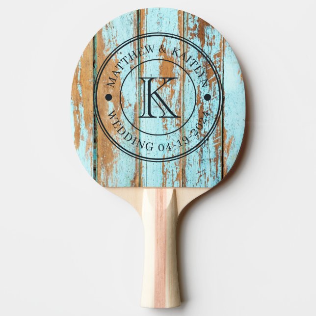 Blue Wash Wood Wedding Monogram Ping Pong Paddle (Back)