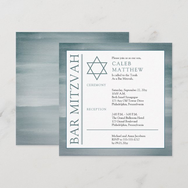 Blue Washed Watercolor Bar Mitzvah Invitation (Front/Back)