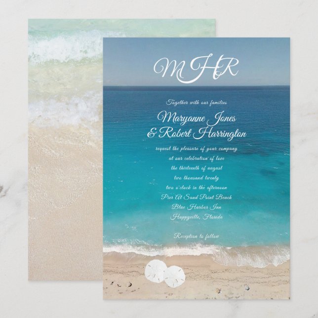 Blue Water Beach Ceremony Wedding Monogram Invites (Front/Back)