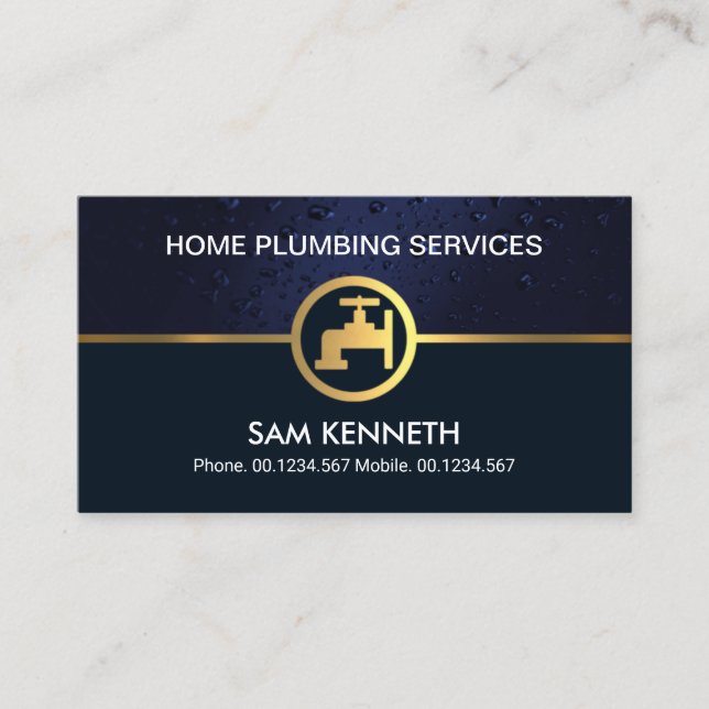 Blue Water Drop Gold Faucet Plumbing Contractor Business Card (Front)