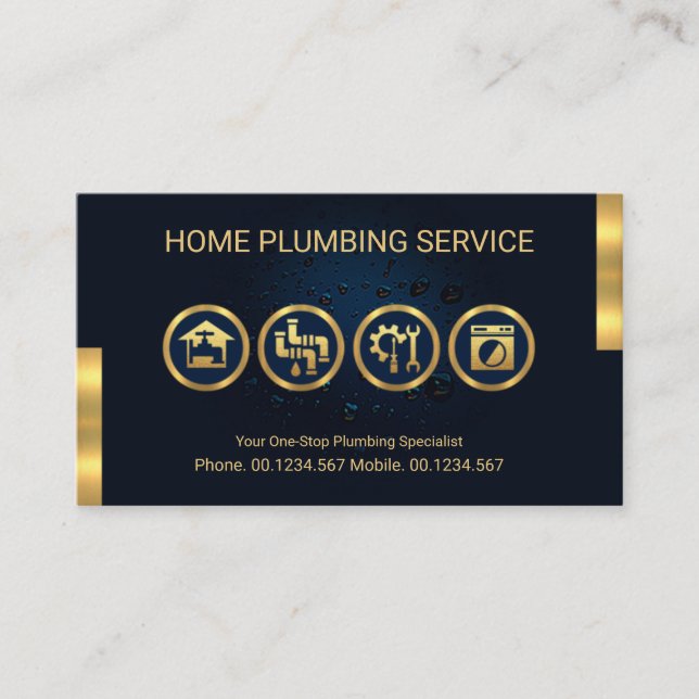 Blue Water Drop Leakage Gold Plumbing Tools Motif  Business Card (Front)