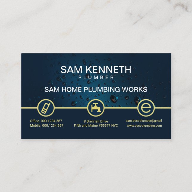 Blue Water Drop Special Gold Plumbing Button Business Card (Front)