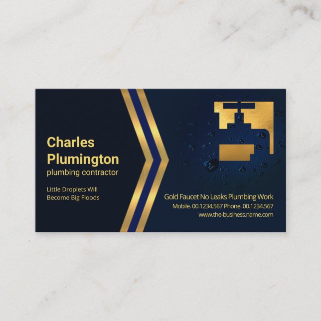 Blue Water Droplets Gold Arrows Plumbing Plumber Business Card (Front)