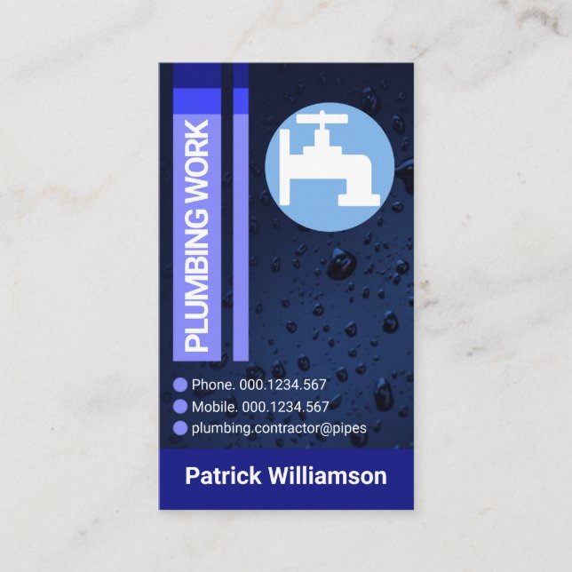 Blue Water Droplets Stripes Plumbing Business Card (Front)