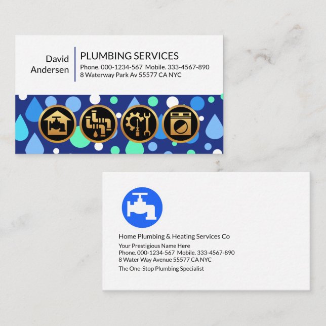 Blue Water Drops Plumbing Contractor Business Card (Front/Back)