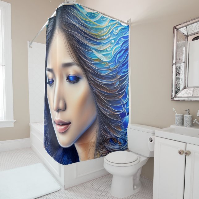 Blue Water Fantasy Woman Abstract Surrealism Art Shower Curtain (In Situ)