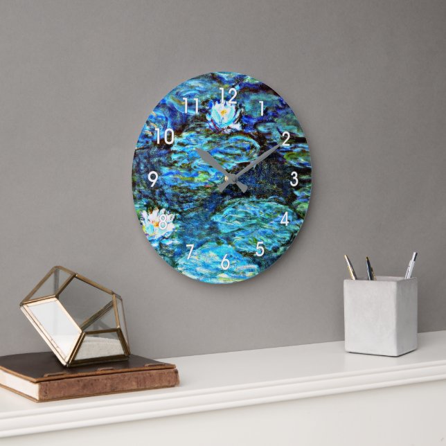 Blue Water Lilies by Monet Large Clock (Office)