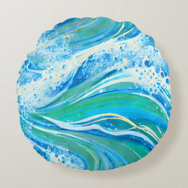 Blue Water Ocean Sea Waves   Round Cushion (Front)