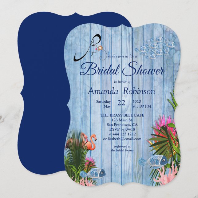 Blue water Pebbles & Pink Flamingos Bridal Shower Invitation (Front/Back)