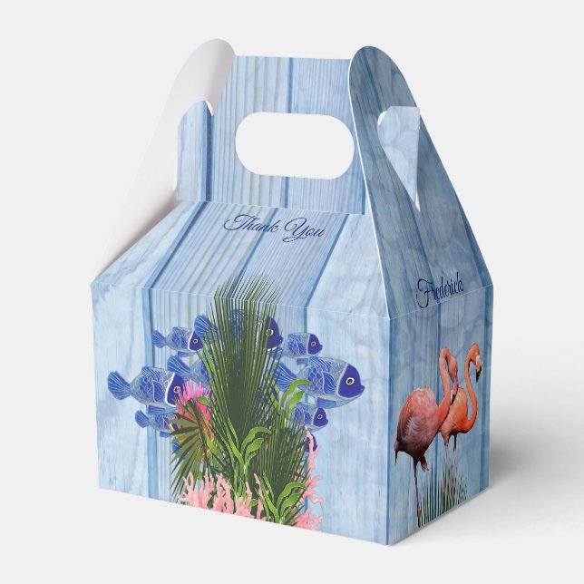 Blue water Pebbles,Pink Flamingos & Fish Favour Box (Front Side)