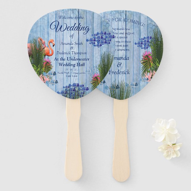 Blue water Pebbles,Pink Flamingos & Fish Hand Fan (Front and Back)
