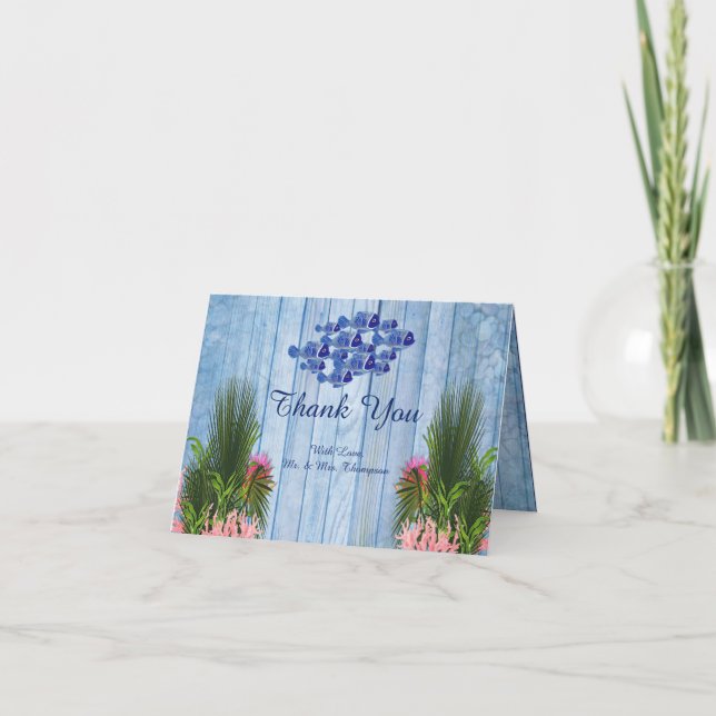 Blue water Pebbles,Pink Flamingos & Fish Thank You Card (Front)