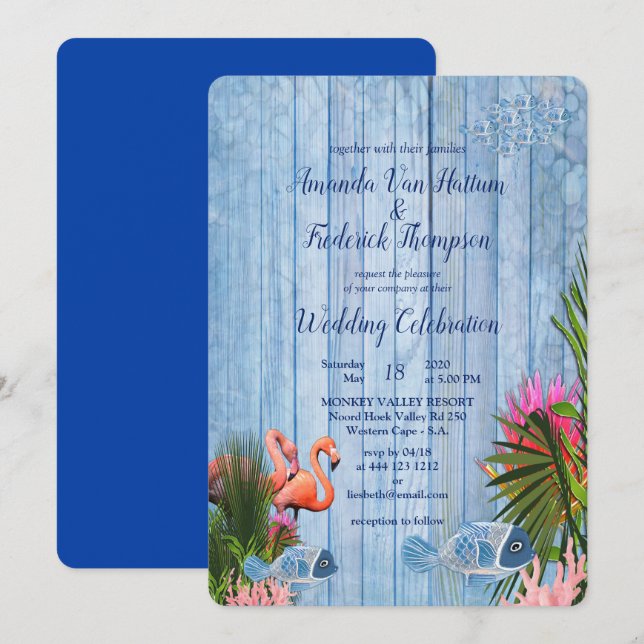 Blue water Pebbles & Pink Flamingos Invitation (Front/Back)