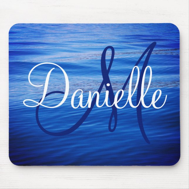 Blue Water Photo Dark Blue and White Monogram Mouse Mat (Front)