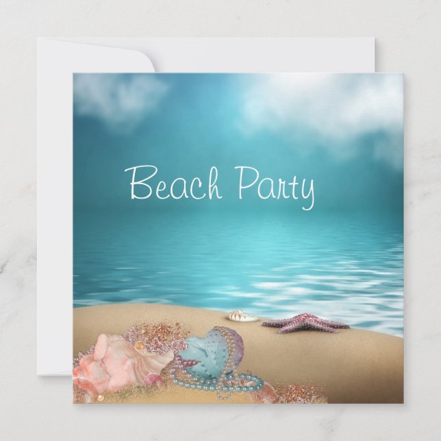 Blue Water Seashells Sand Beach Party Invitation (Front)