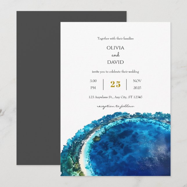 Blue Water Tropical Atoll Island Beach Wedding  Invitation (Front/Back)