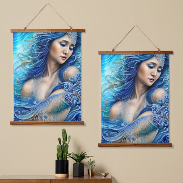 Blue Water Wave Goddess Fantasy Art  Hanging Tapestry (Asymmetrical)