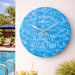 Blue Water Welcome to Our Pool Family Name Large Clock