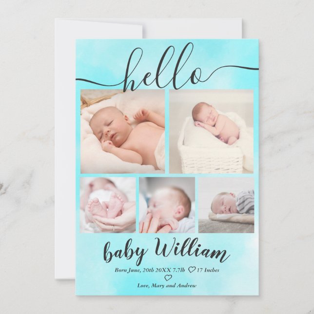 Blue watercolor 5 grid photo baby boy birth announcement (Front)