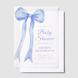Blue Watercolor a Bow Boy Baby Shower Vellum Invitations