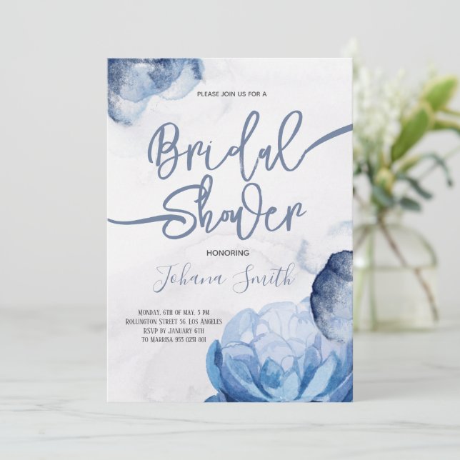 Blue Watercolor Abstract Bridal Shower Invitation (Standing Front)